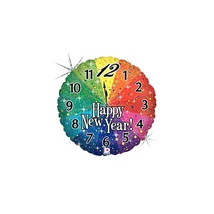 45 cm-es Happy New Year feliratú, órás hologrammos fólia lufi