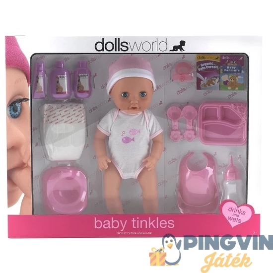 Dolls World - Baby Tinkles 38 cm-es baba (iszik-pisil, + kiegészítők)