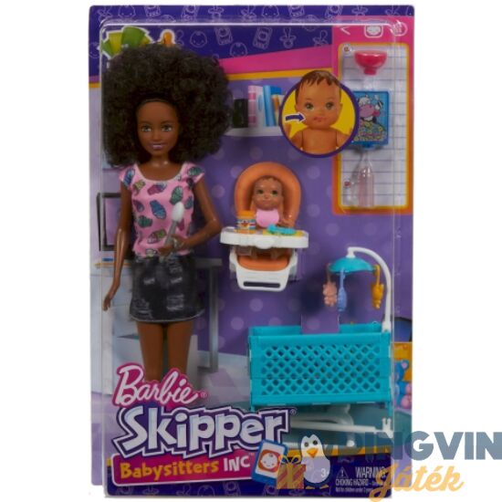 Barbie Skipper afroamerikai bébiszitter baba etetővel és kisággyal játékszett - Mattel