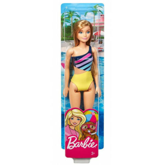 Barbie: Sötétszőke hajú baba csíkos fürdőruhában - Mattel